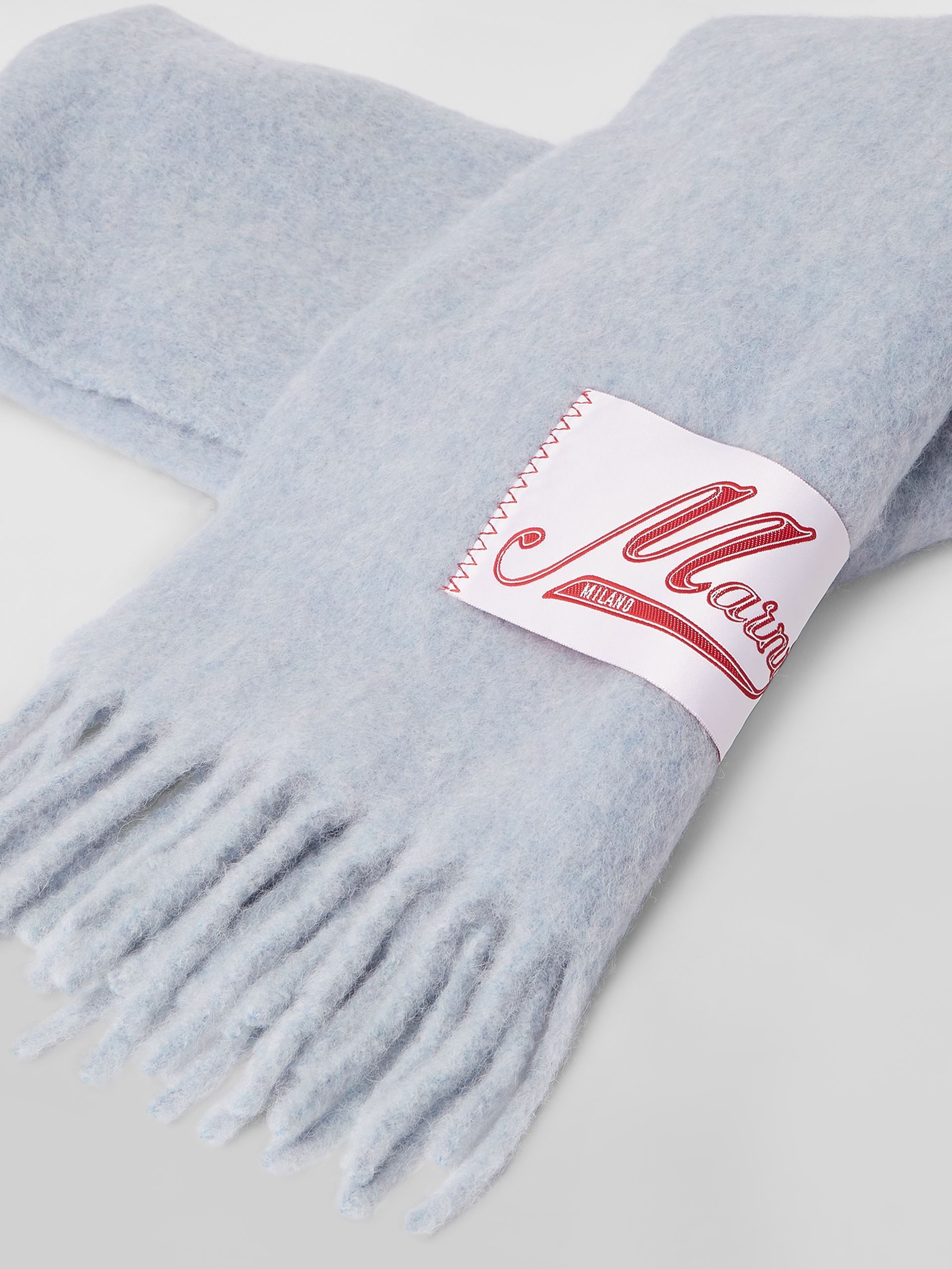 Marni Logo-patch Fringed Scarf In Gray