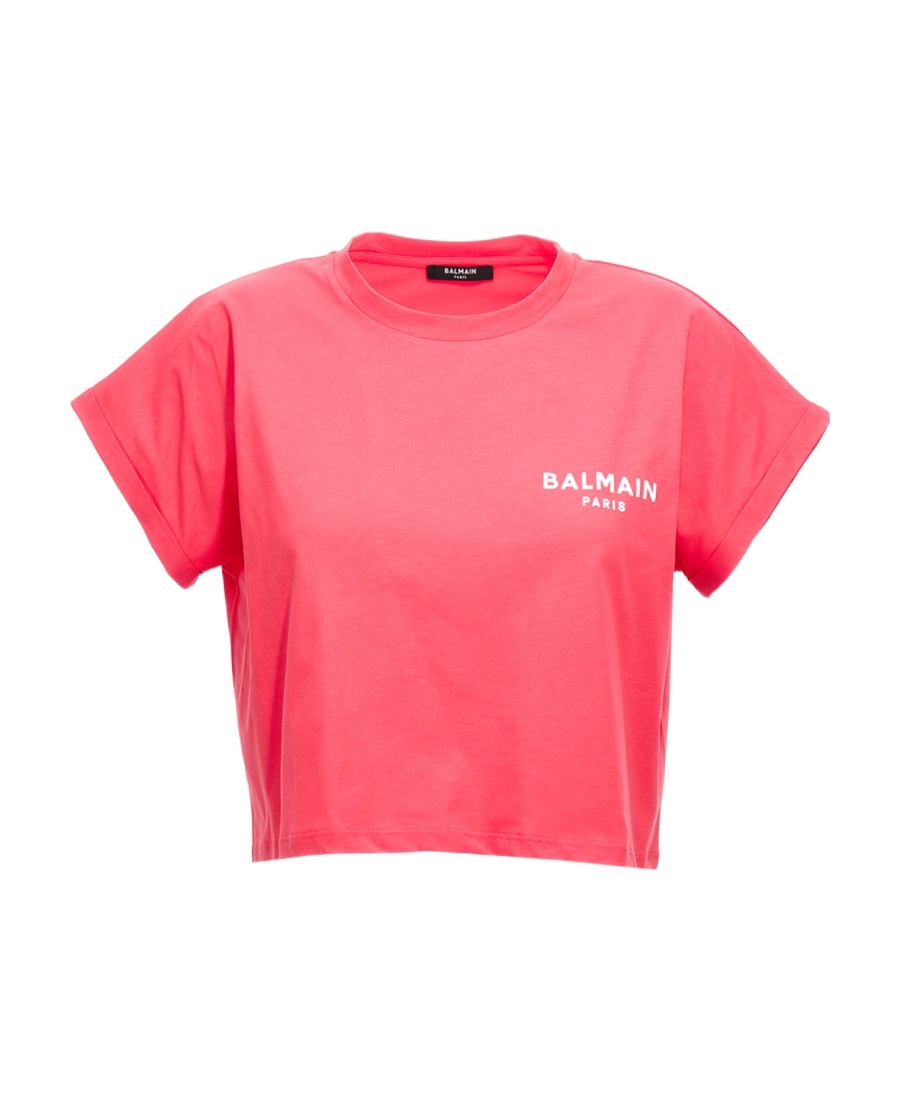 Shop Balmain Logo-print Cropped T-shirt In Pink