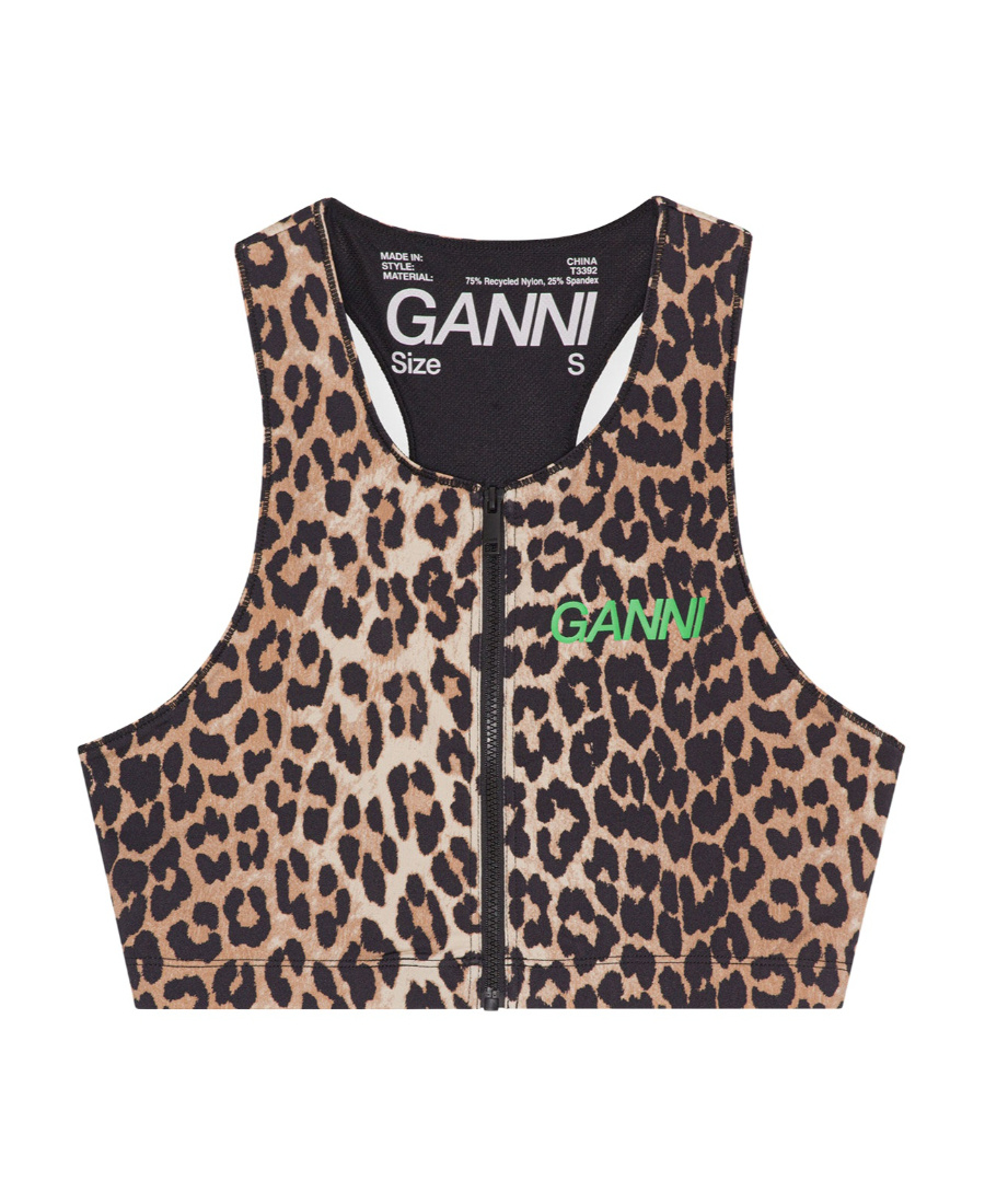 Ganni Leopard-print Zip-up Crop Top In Black