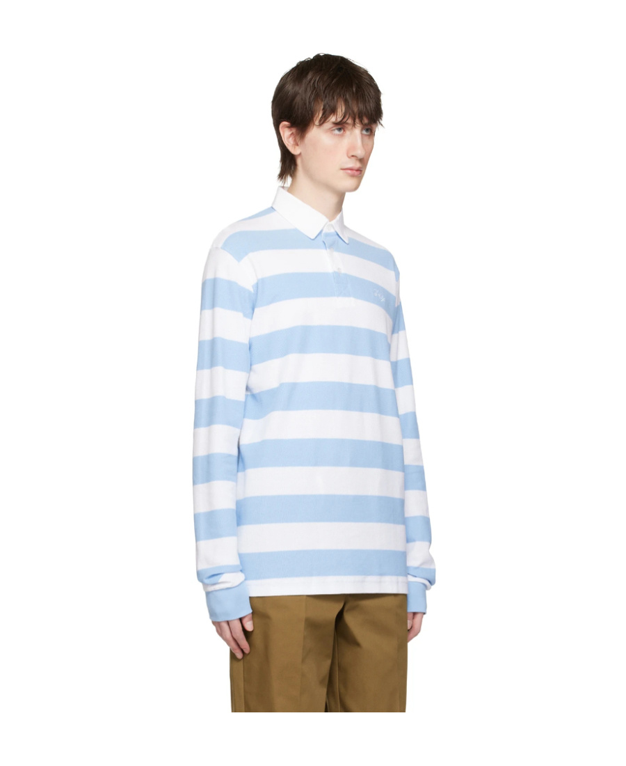 Drôle De Monsieur Light Blue And White Striped Polo Shirt With Logo Embroidery In Blue