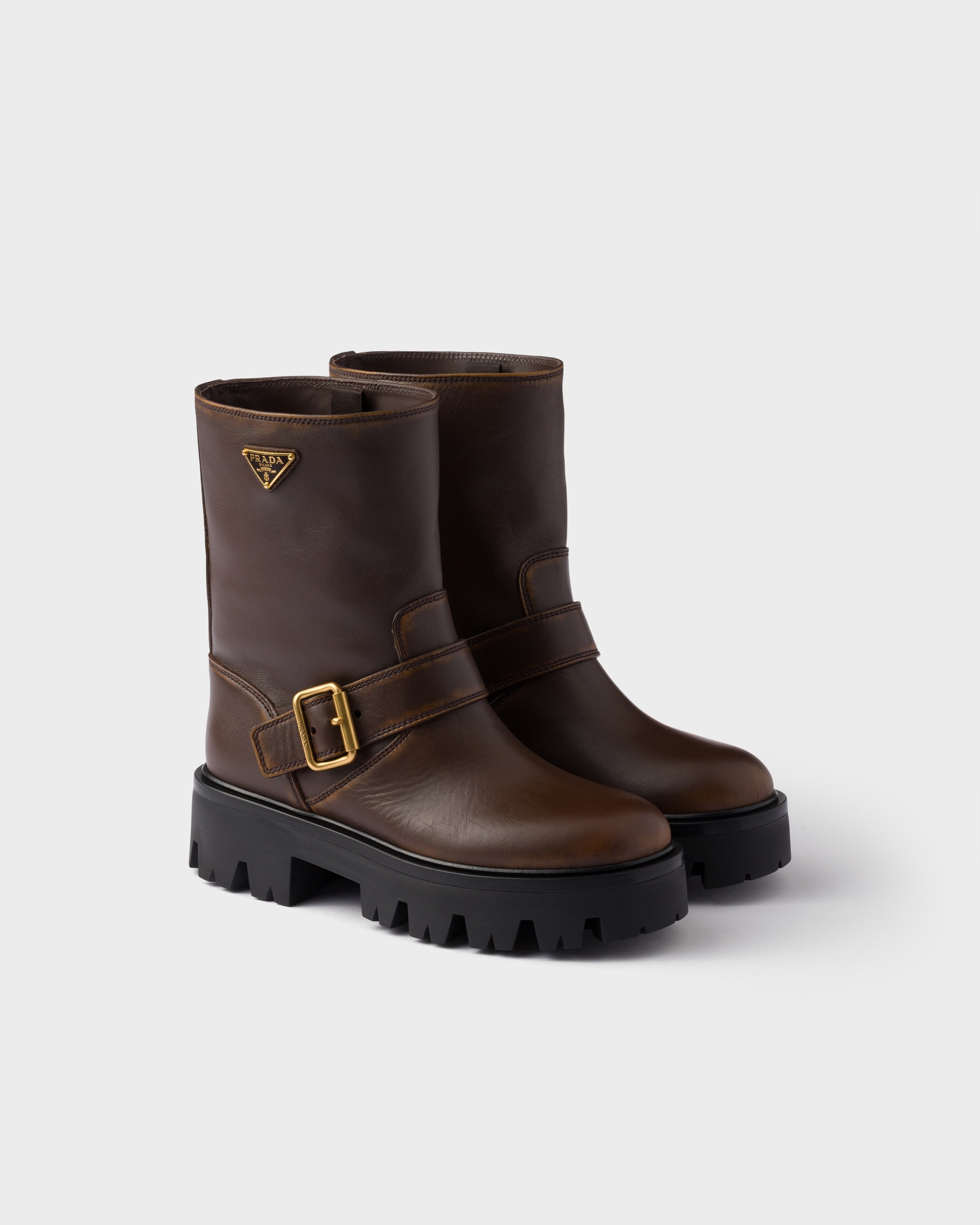 Prada Leather Boots With Vintage Effect And Logo In Black