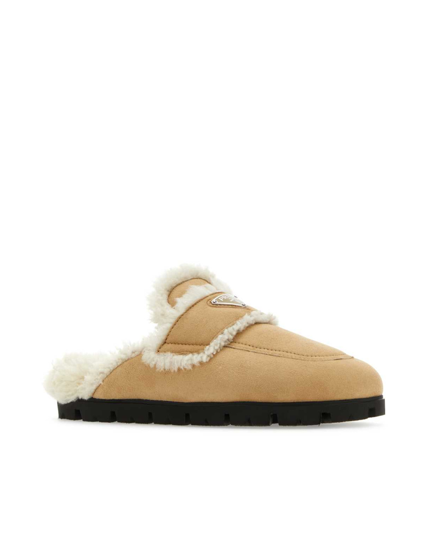 Prada Triangle Logo Shearling Flat Mules In Brown