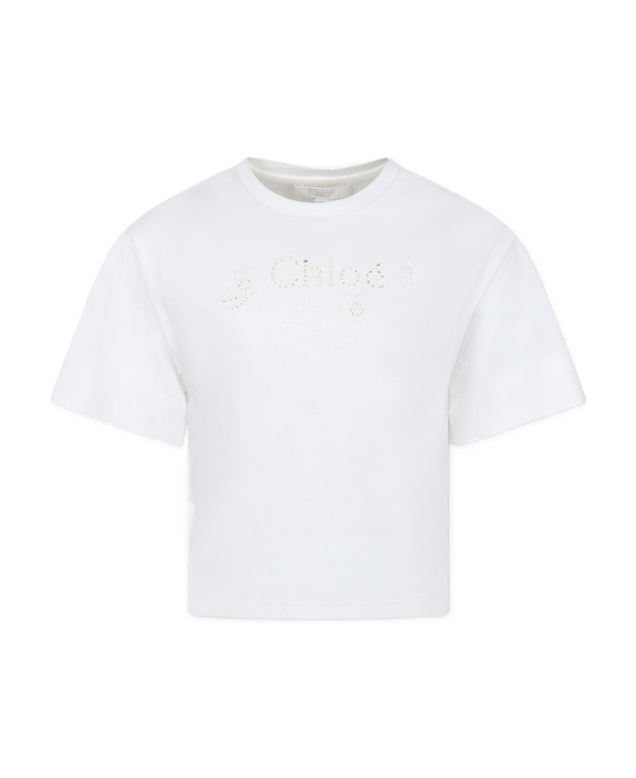 Chloé Kids Logo-embroidered Eyelet Crewneck T-shirt In White