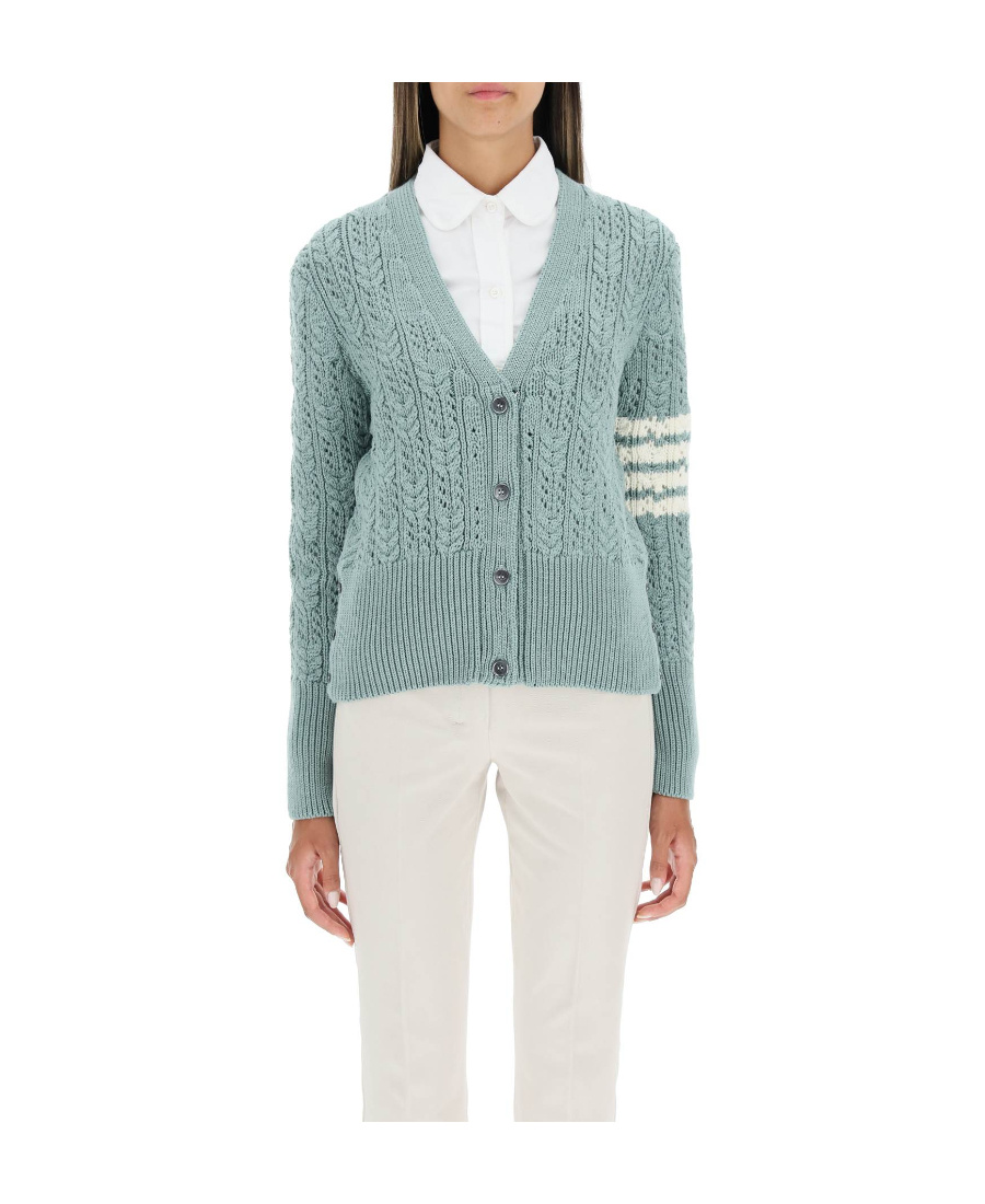Thom Browne 4-bar Pointelle-knit V-neck Cardigan In Green