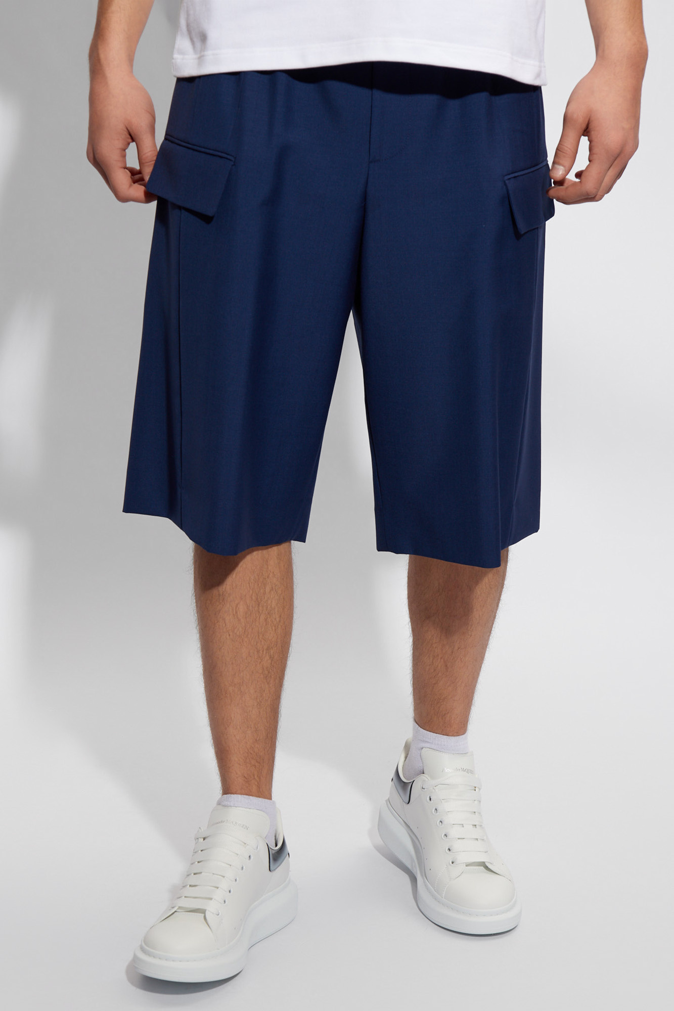 Alexander Mcqueen Mohair Blend Cargo Shorts With Elastic Waistband In Blue