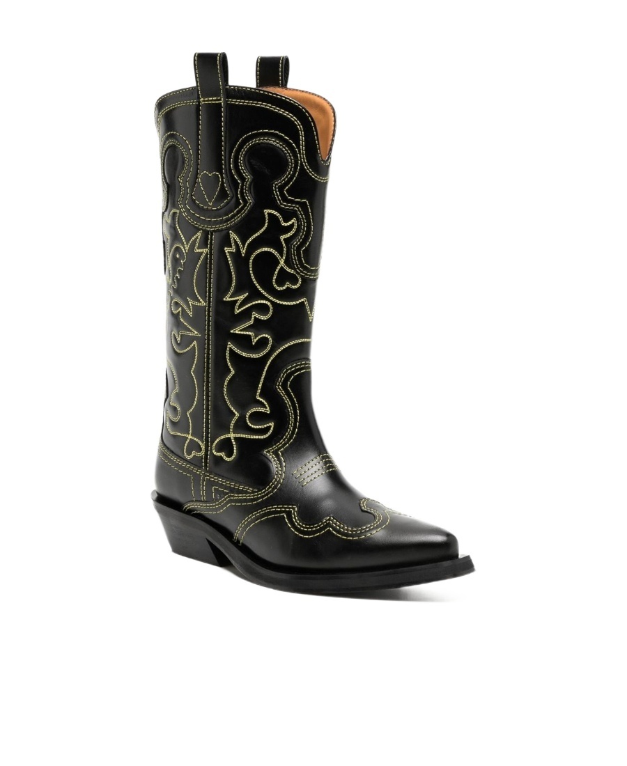 Ganni Mid Shaft Embroidered Western Boot In Black