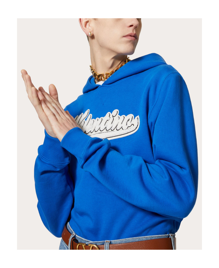 Valentino Embroidered Logo-patch Hoodie In Blue