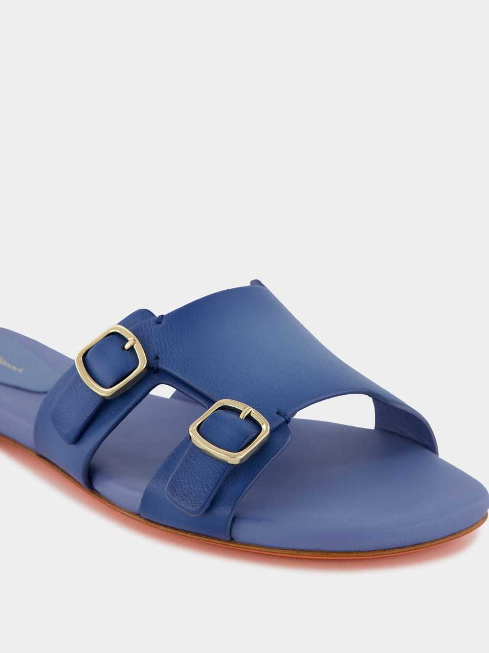 SANTONI DOUBLE-BUCKLE LEATHER SLIDES