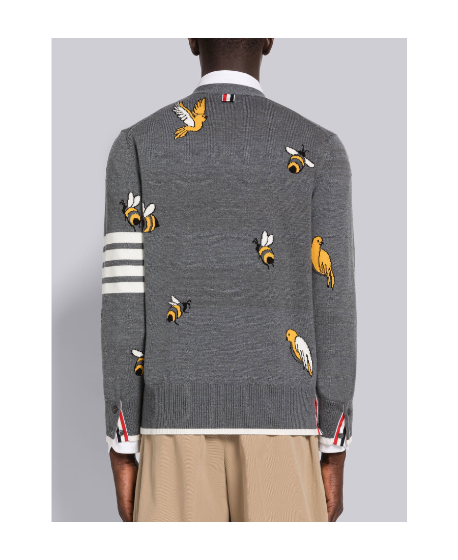 Thom Browne Birds And Bees Knitted Wool Cardigan In Gray