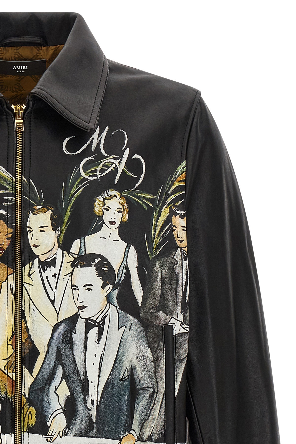 Amiri Graphic Print Leather Jacket With Collared Neck In Multi