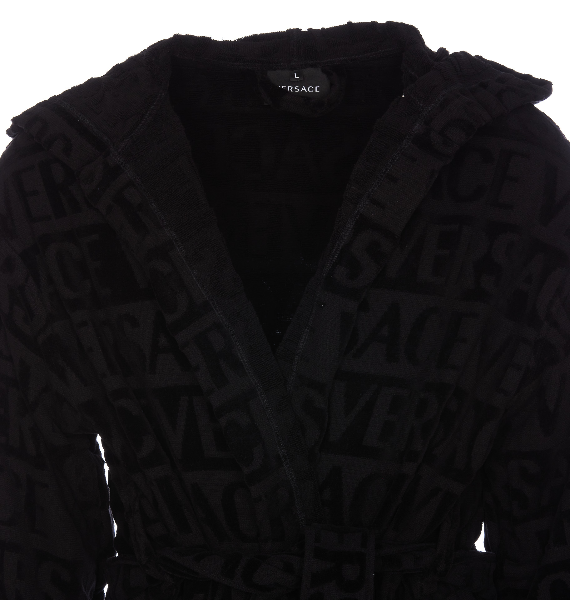 Versace Logo Towelling Belted Robe In Black
