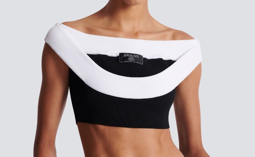 Balmain Two-tone Knit Cropped Top With Double Neckline In White