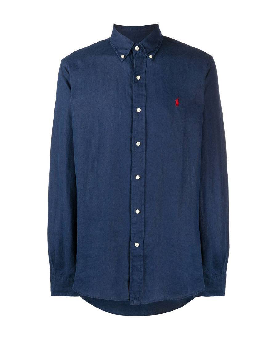 Shop Polo Ralph Lauren Embroidered-logo Long-sleeve Shirt In Blue