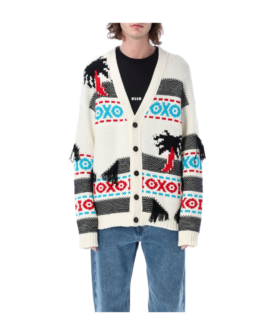 Msgm Patterned Intarsia-knit Cardigan In White