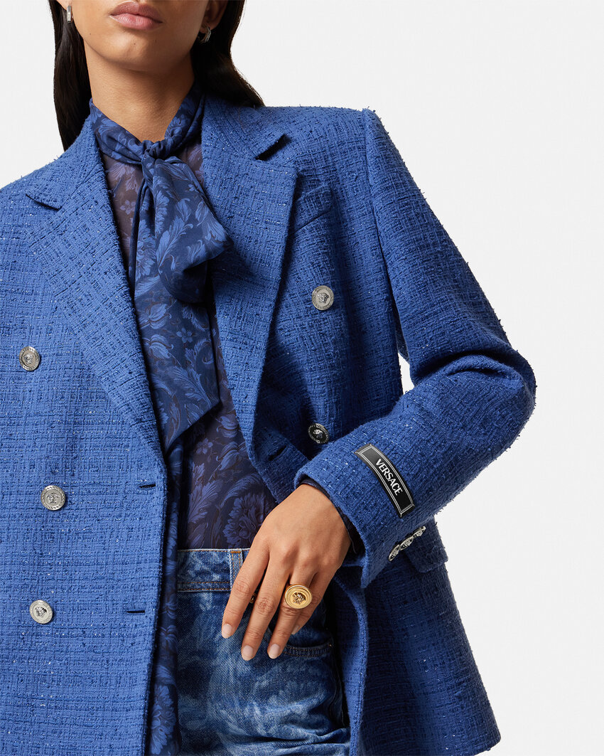 Shop Versace Metallic-threading Double-breasted Blazer In Blue