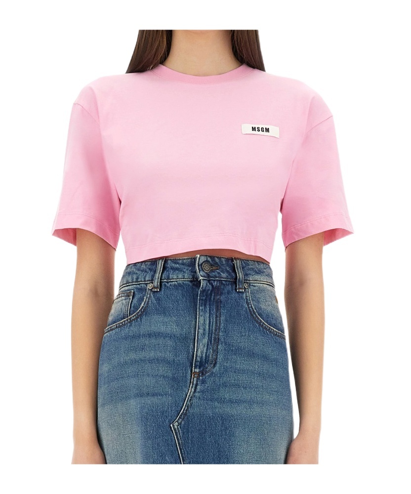 Msgm Short Drawstring Back Cropped T-shirt In Pink