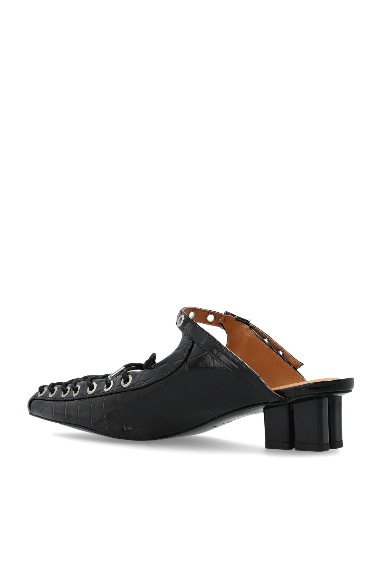 Ganni Laced Block Heel Mules With Eyelet Detailing In Black