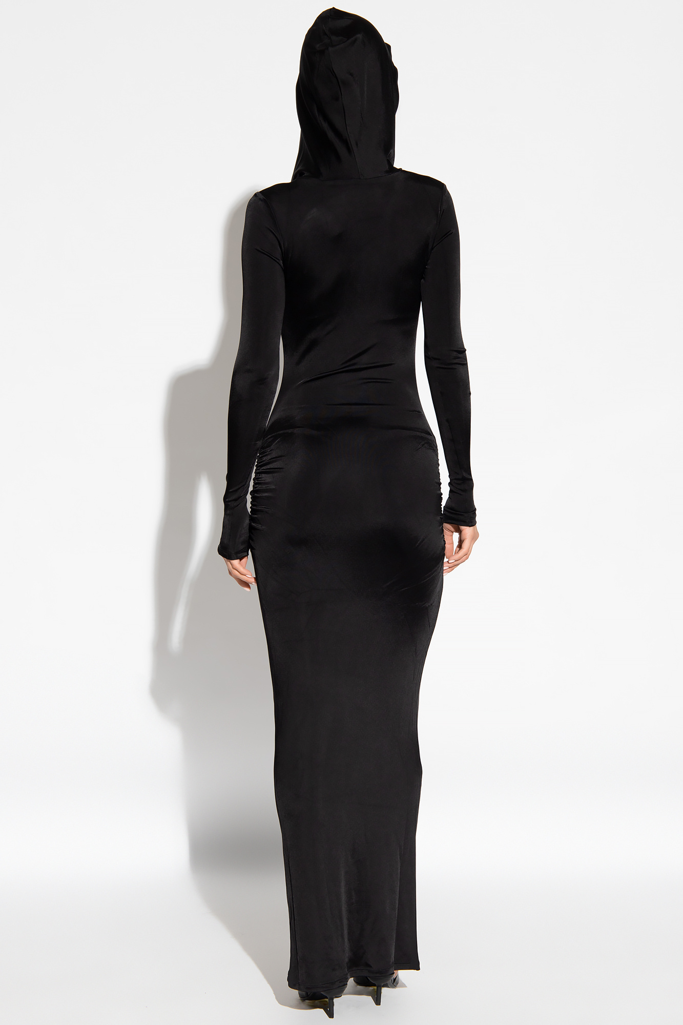 Misbhv Draped-neckline Hooded Maxi Dress In Black