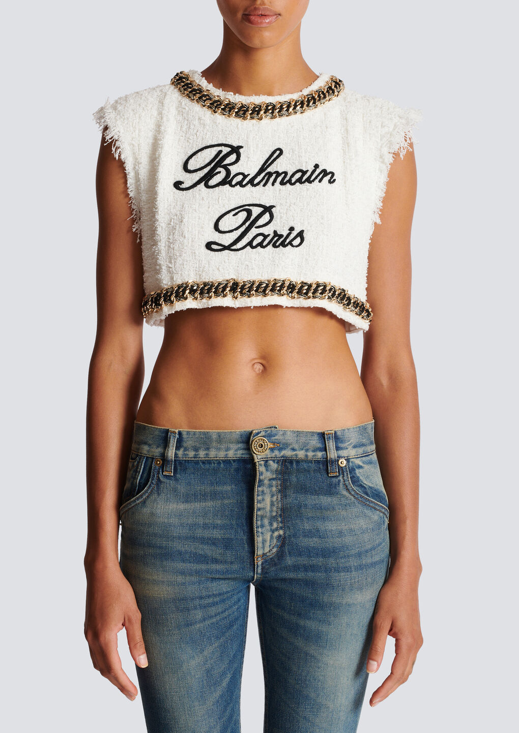 Balmain Signature-embroidered Tweed Crop Top In White