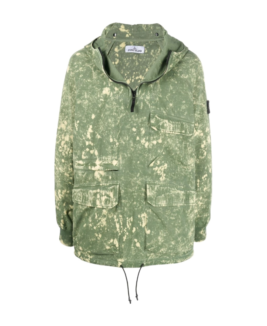 Stone Island Paint-splatter Hooded Windbreaker In Green