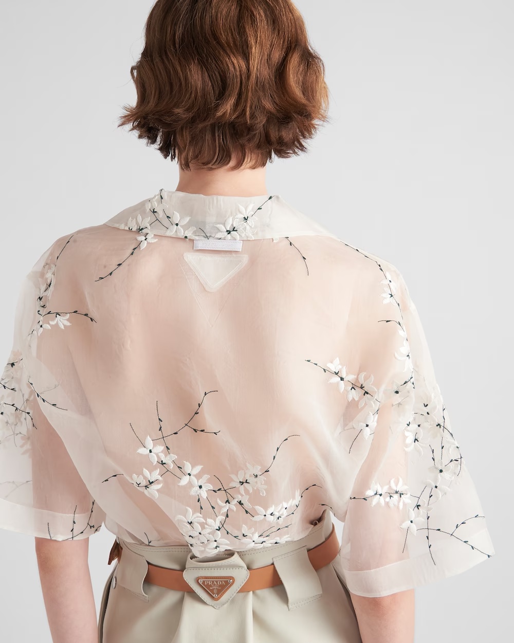 Prada Floral-embroidered Short-sleeved Sheer Shirt In Animal Print