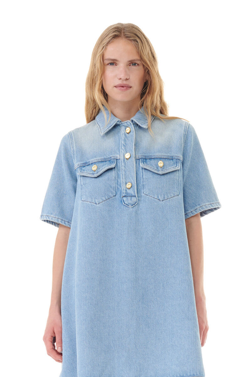 Ganni Cutline Organic Cotton Denim Minidress In Mid Blue Vintage