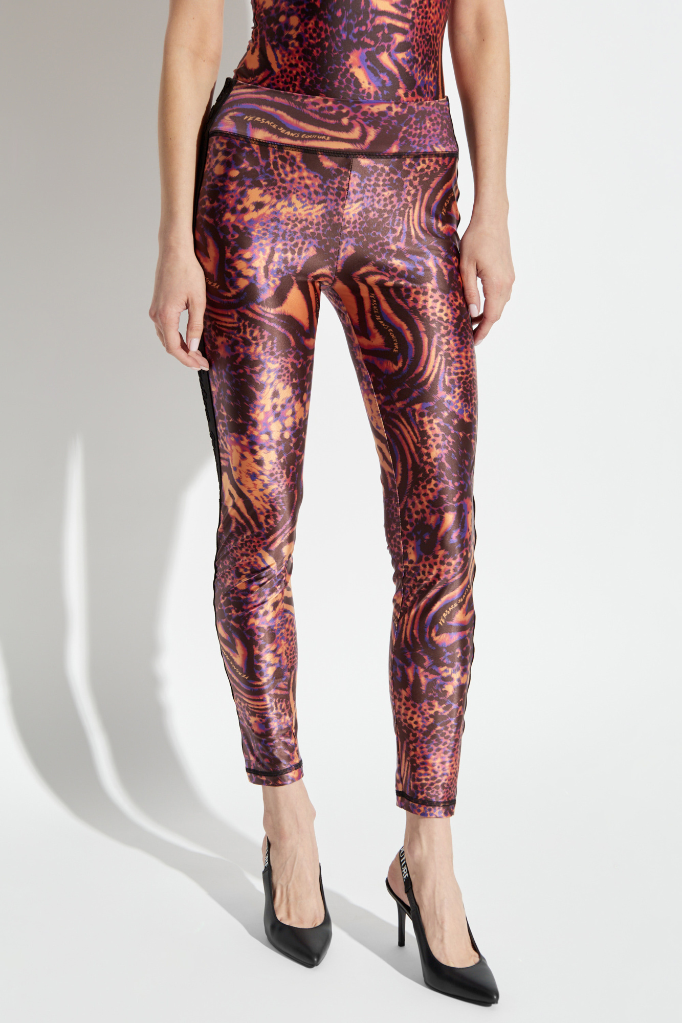 Versace Jeans Elastic Waist Tights In Brown