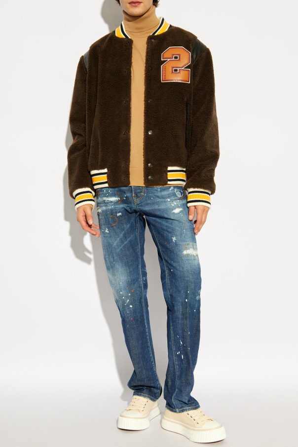 Dsquared2 Bear's Varsity Shearling Bomber Jacket In Brown