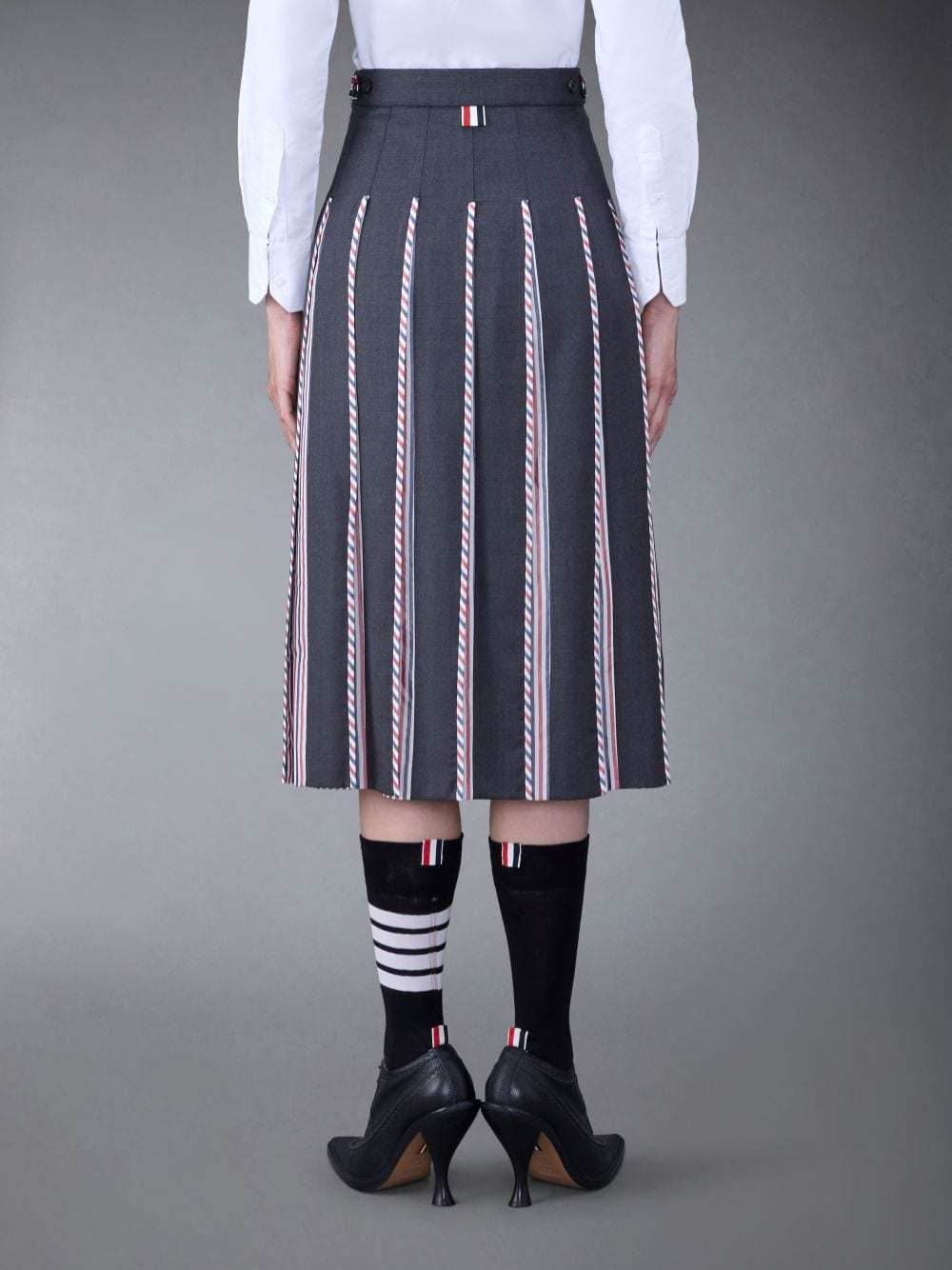 Thom Browne Rwb-print Pleated Midi Skirt In Black