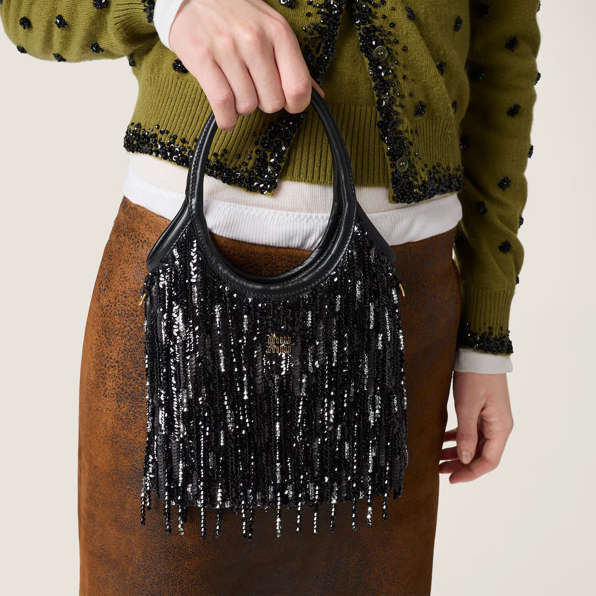 Miu Miu Ivy Satin Handbag With Crystal And Sequin Fringe In Black