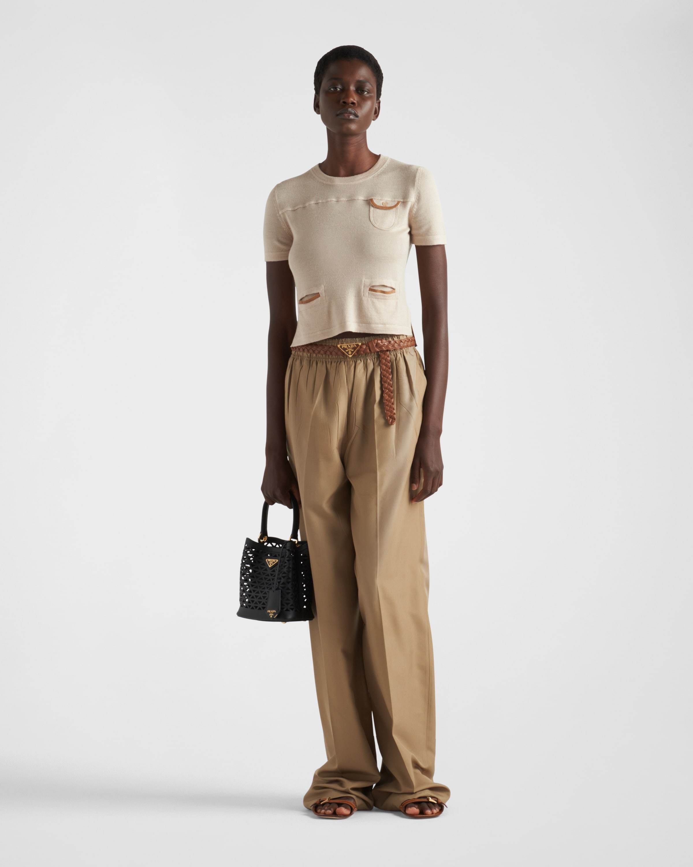 Prada Triangle-logo Plaque Wide-leg Pants In Green