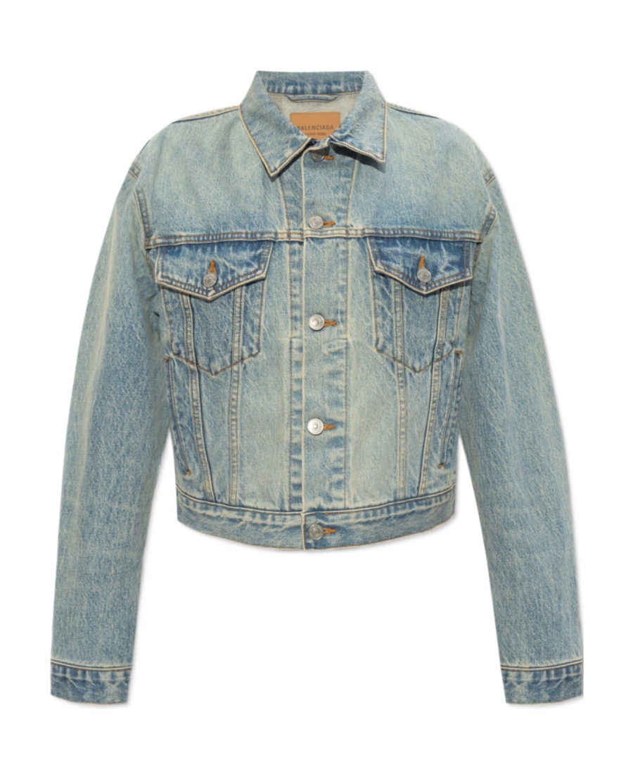 Balenciaga Light Blue Cropped Jacket With Logo Patch At The Back In Cotton Denim Woman In Blue