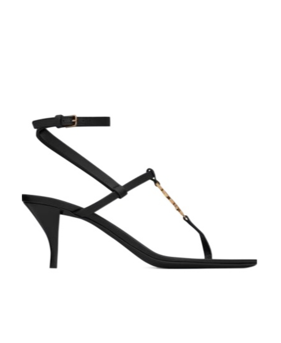 Saint Laurent Cassandra Sandals In Smooth Leather With Gold Monogram In Black