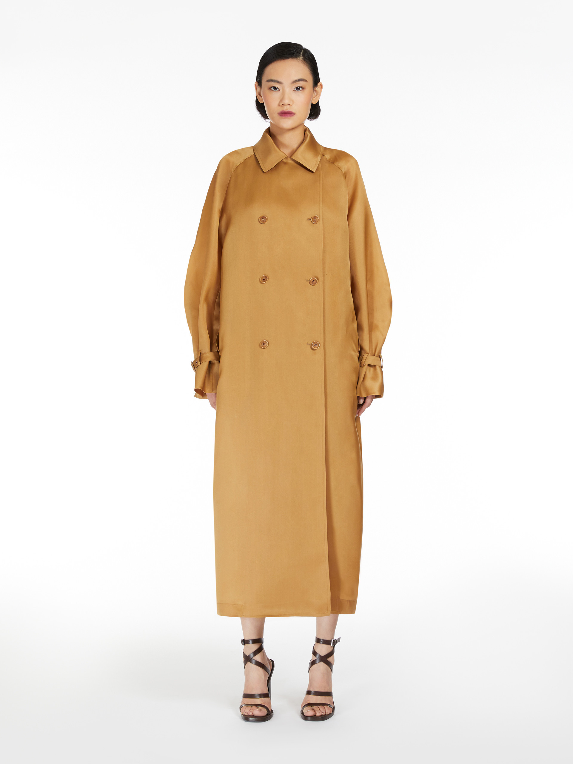 Max Mara Long Double Breasted Coat With Belted Cuffs In Nude
