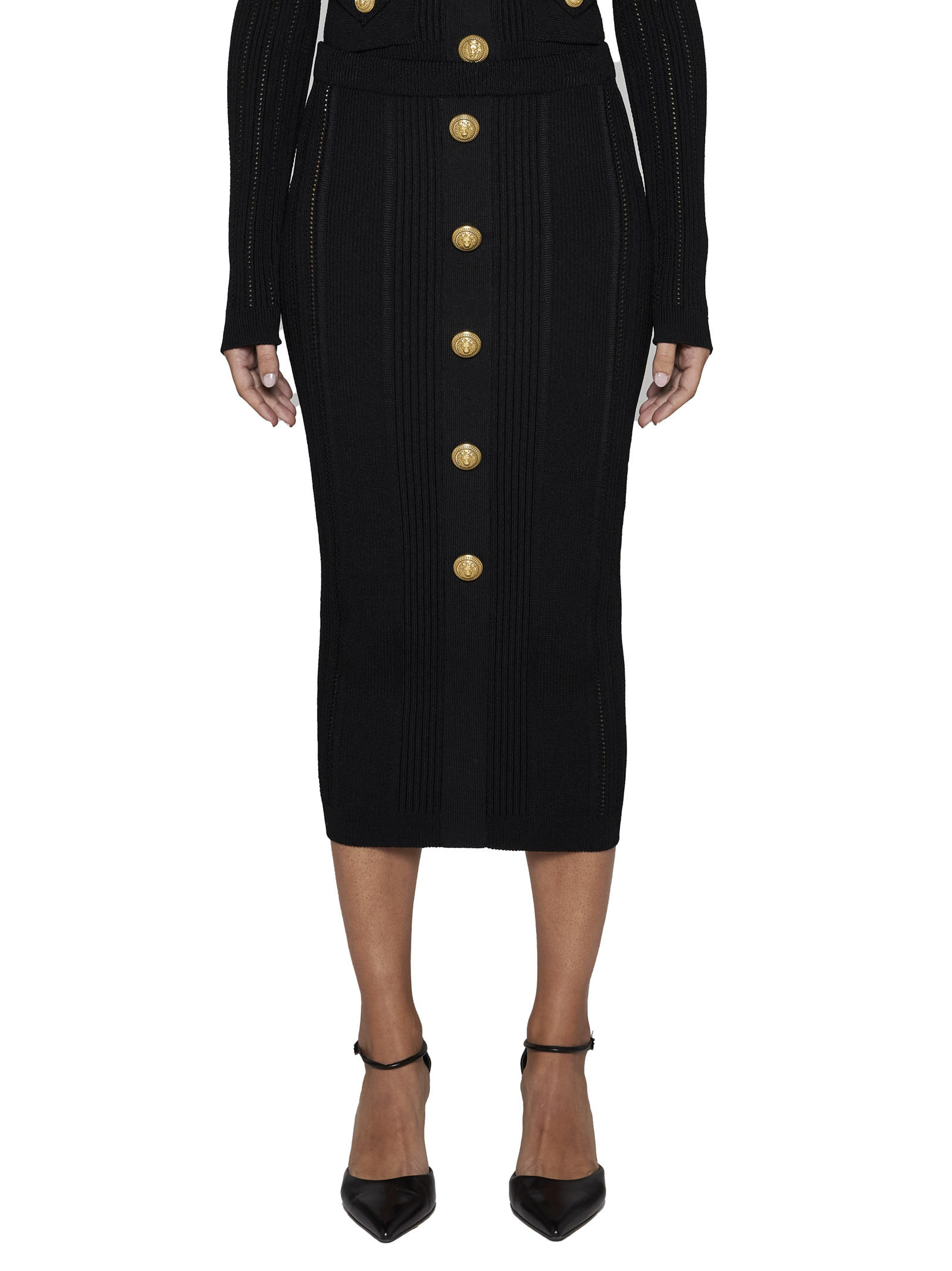 Shop Balmain Ribbed-knit Midi Skirt In Black