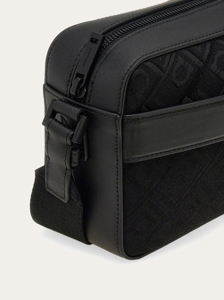 Ferragamo Gancini-jacquard Leather Messenger Bag In Black