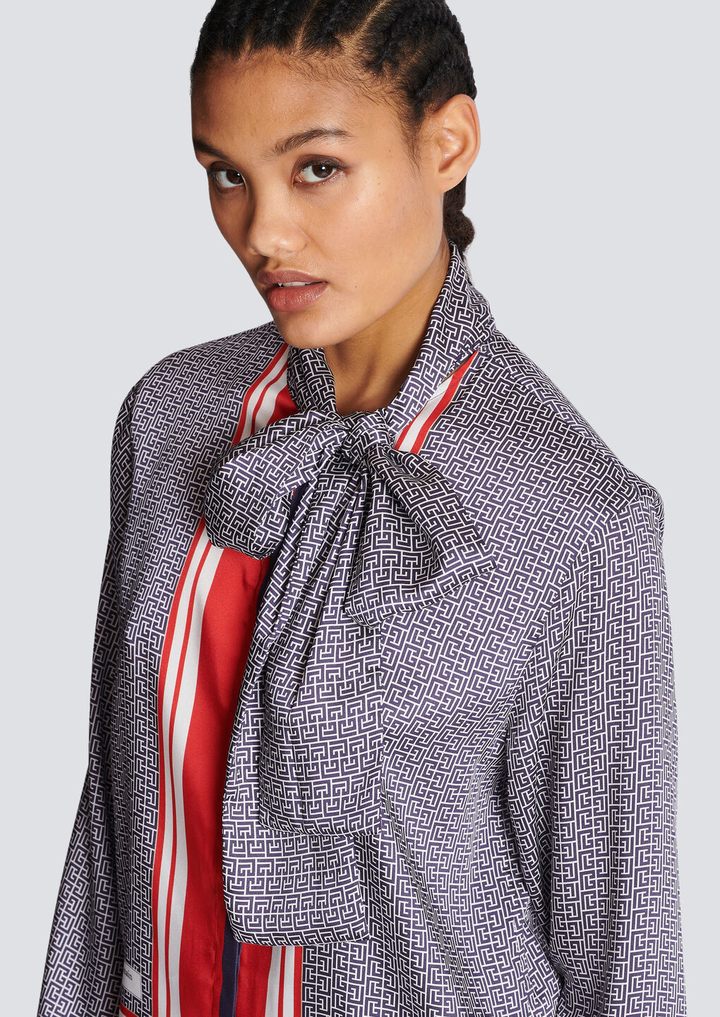 Balmain Pussy-bow Monogram-printed Shirt In Gray