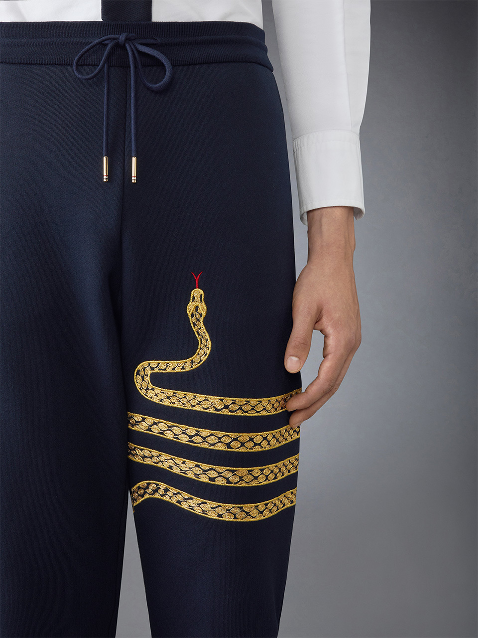 Thom Browne Snake-embroidery Cotton Track Pants In Blue