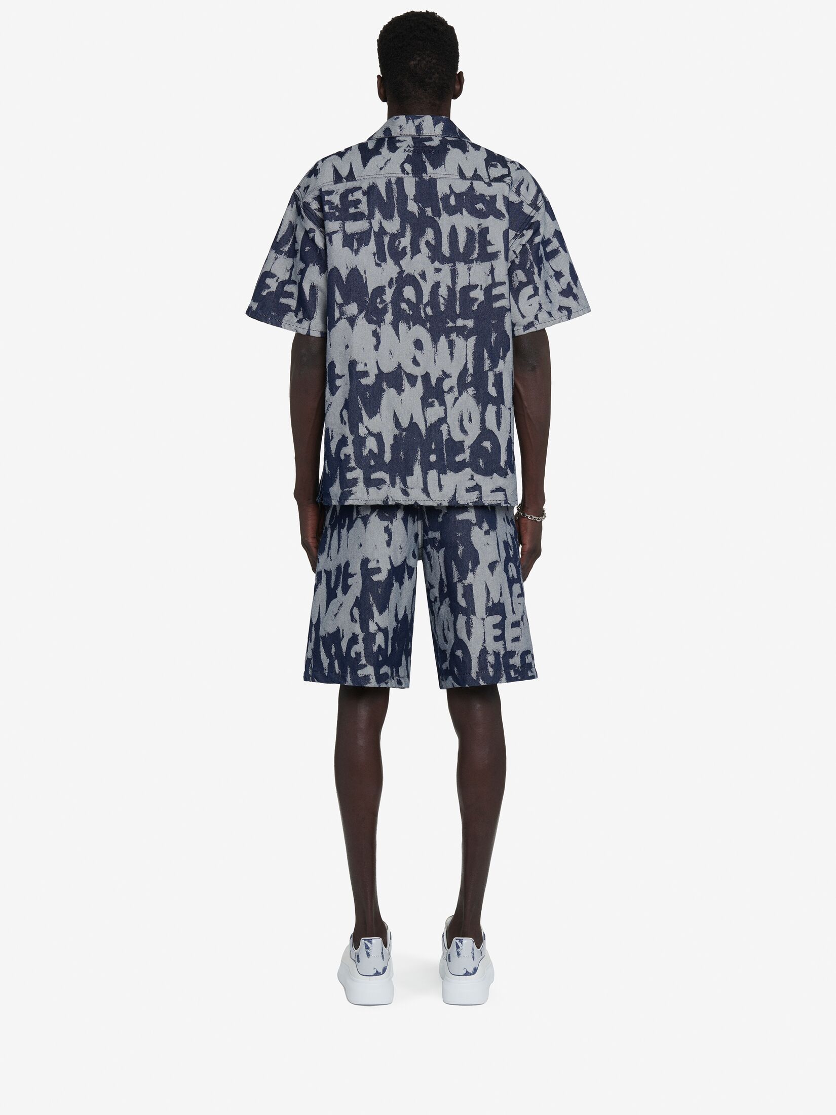 Alexander Mcqueen Graffiti Printed Bermuda Denim Shorts In Gray