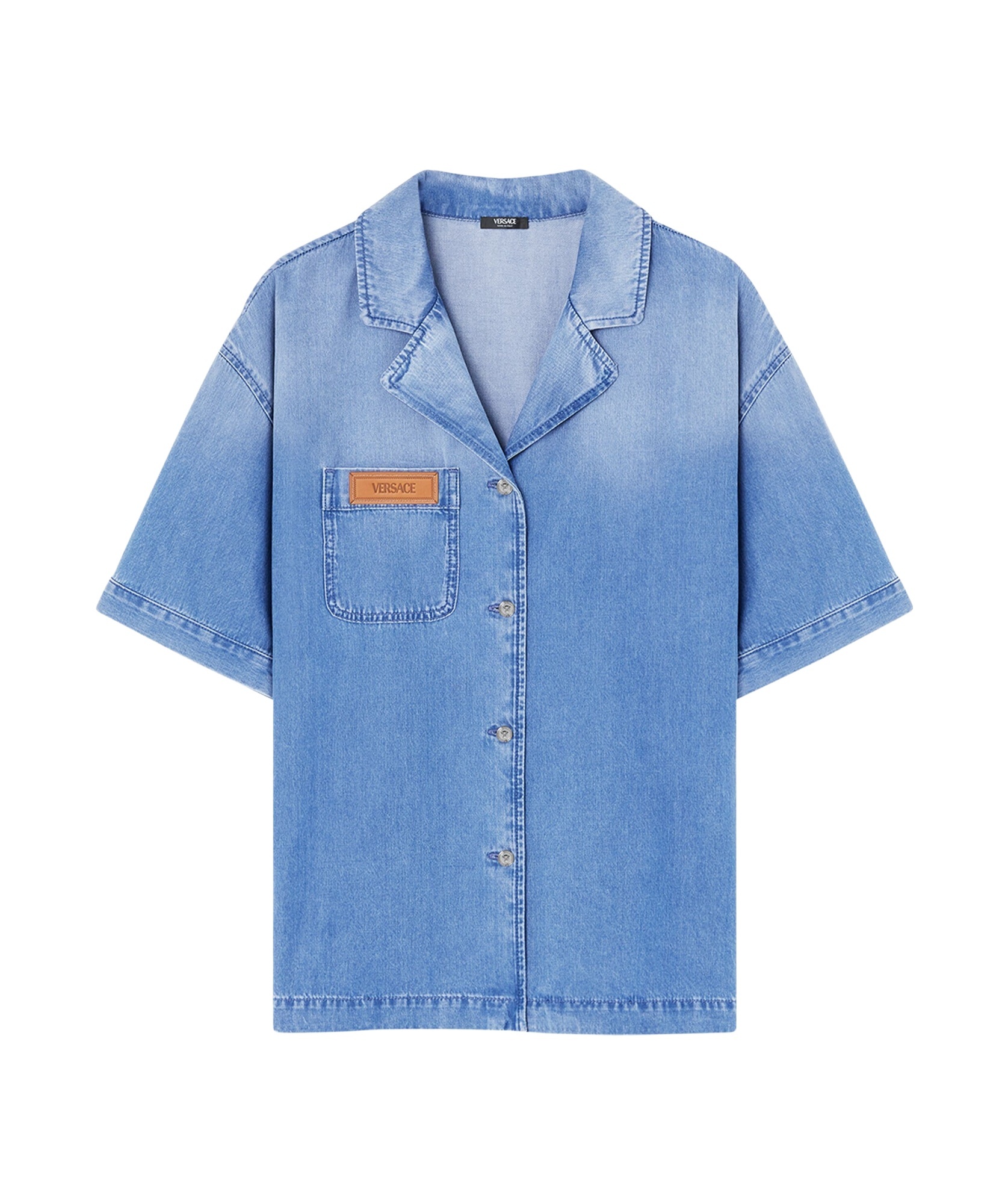 Shop Versace Notched-collar Denim Shirt In Blue