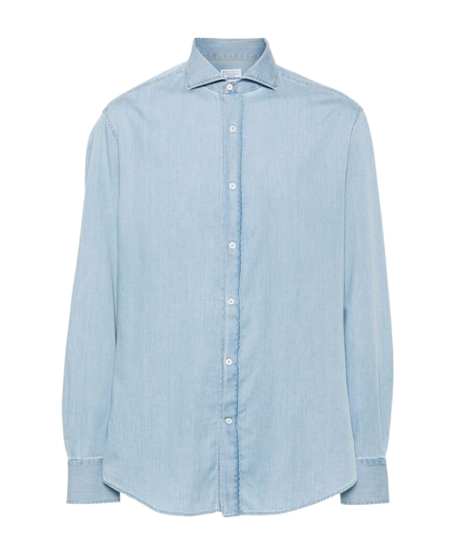 Brunello Cucinelli Denim Shirt With Long Sleeves And Curved Hem In Blue