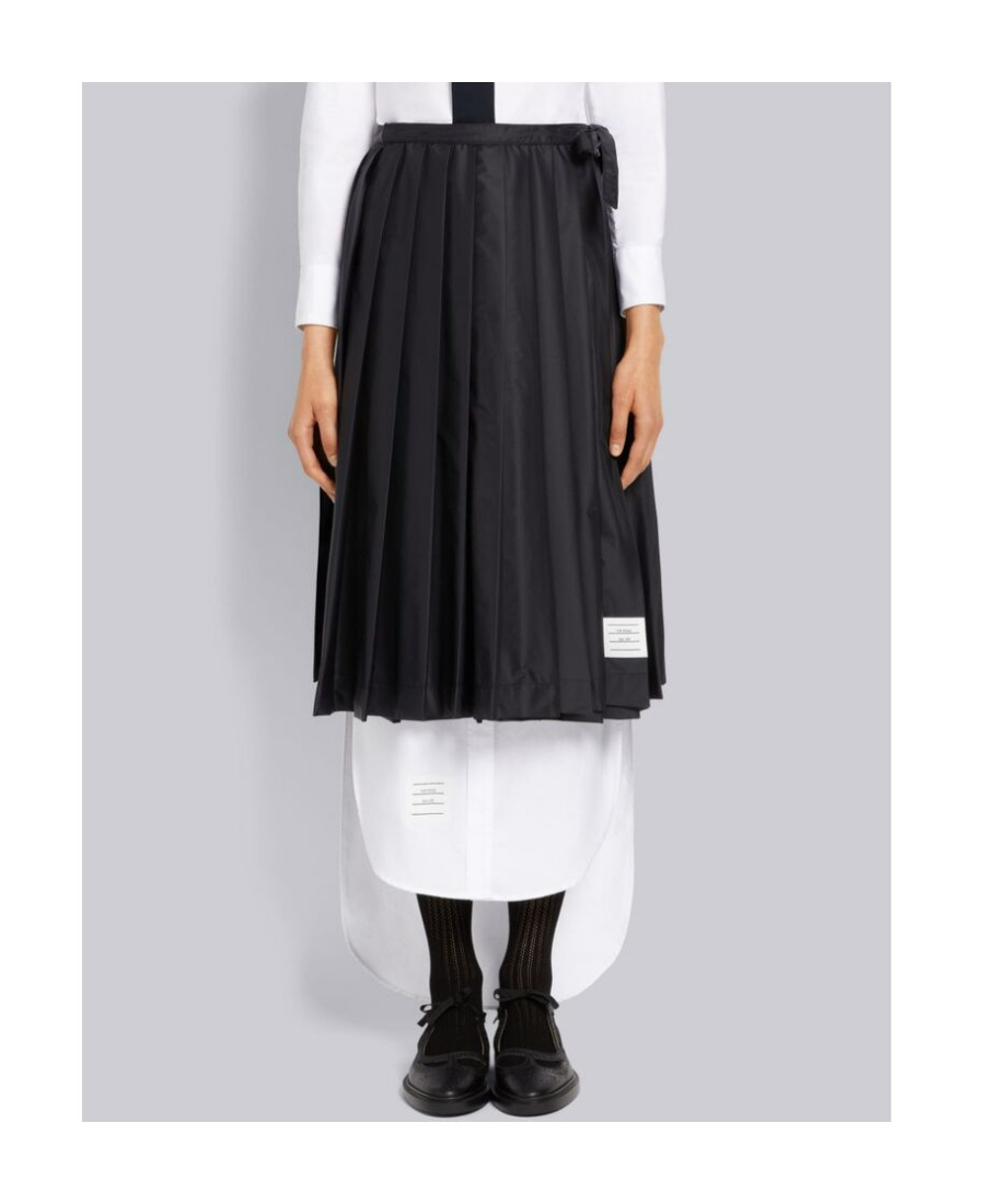 Thom Browne Navy Nylon Midi Skirt In Black