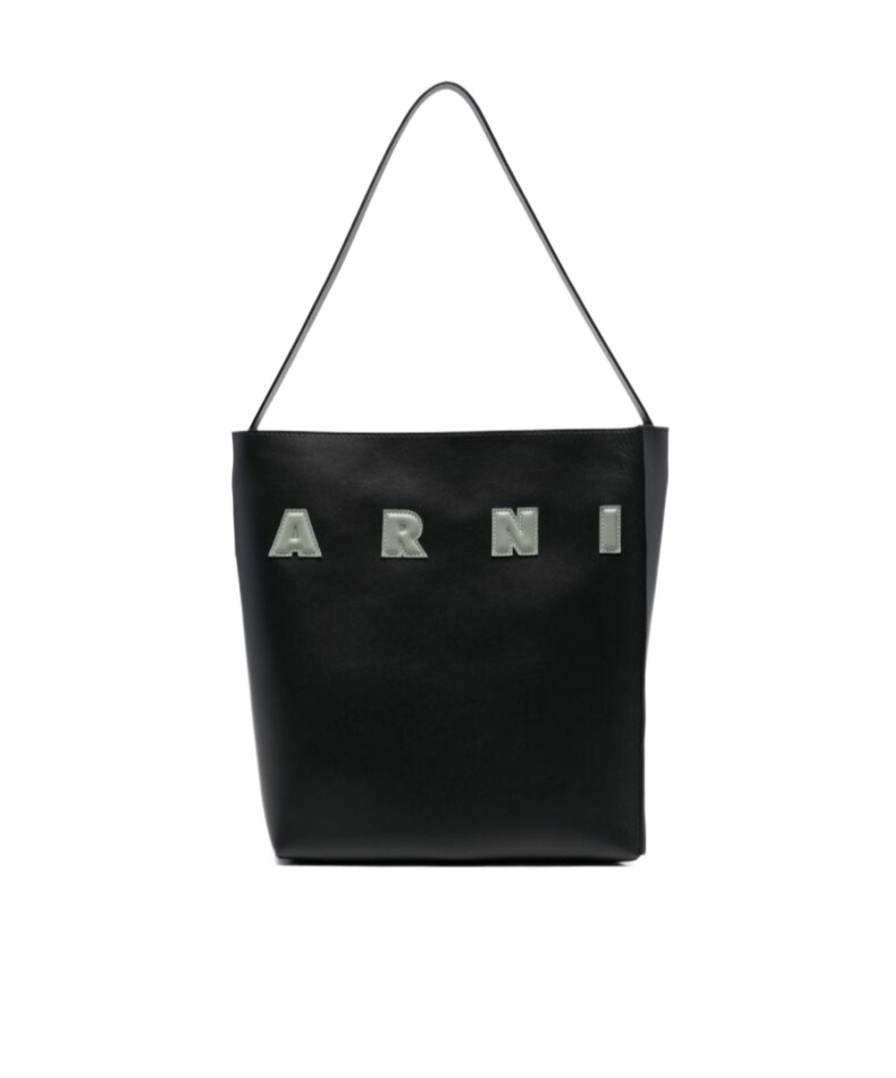 Marni Black White Leather Museo Hobo Bag With Patches In Black