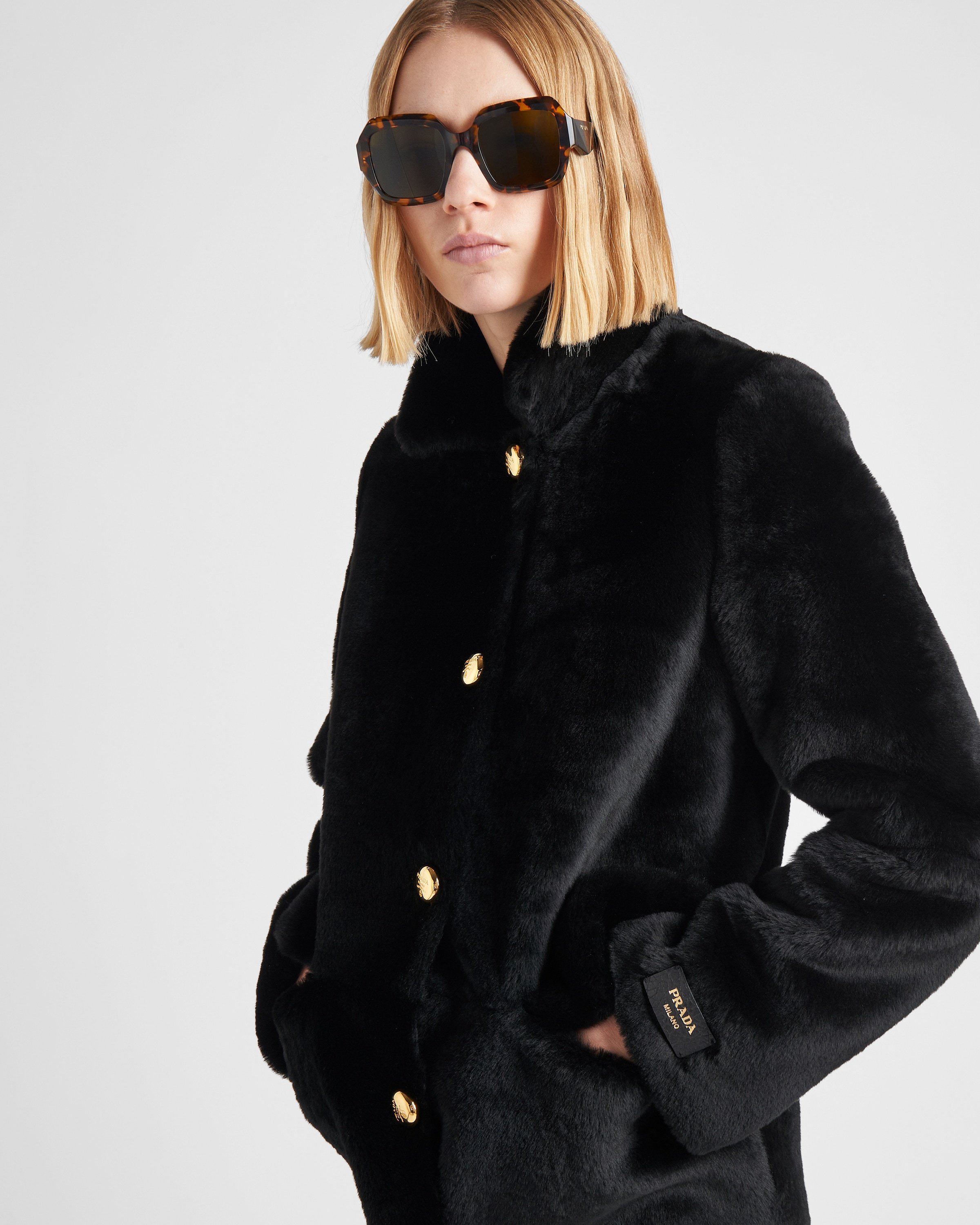 Prada Shearling Fur Coat In Black