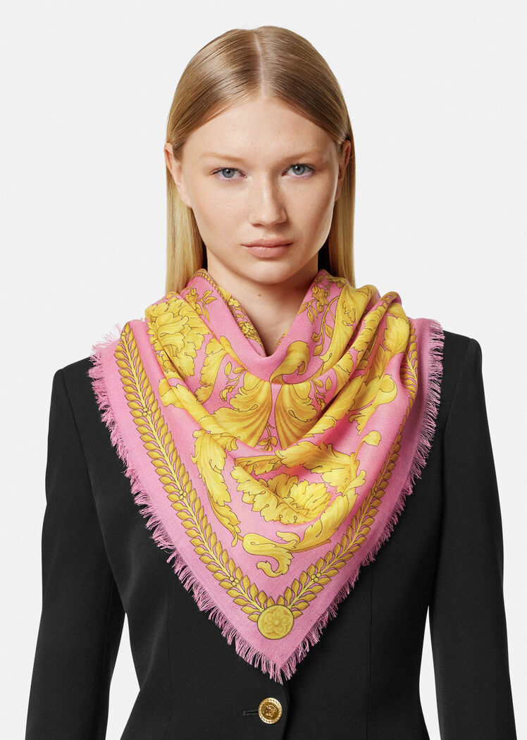 Versace Barocco-print Frayed Scarf In Yellow