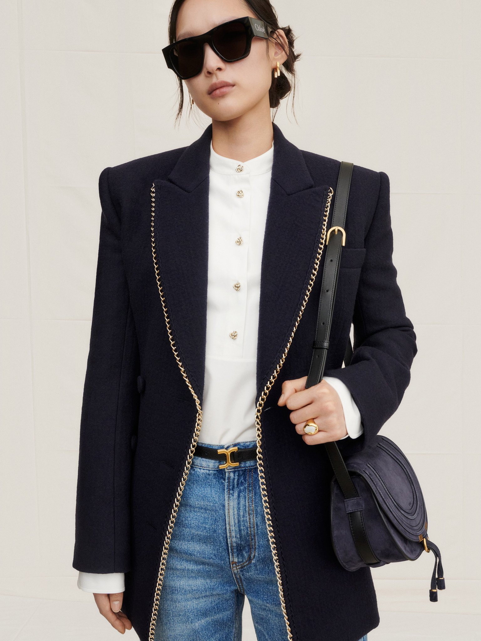 Chloé Double-breasted Wool Jacket With Structured Shoulders In Blue