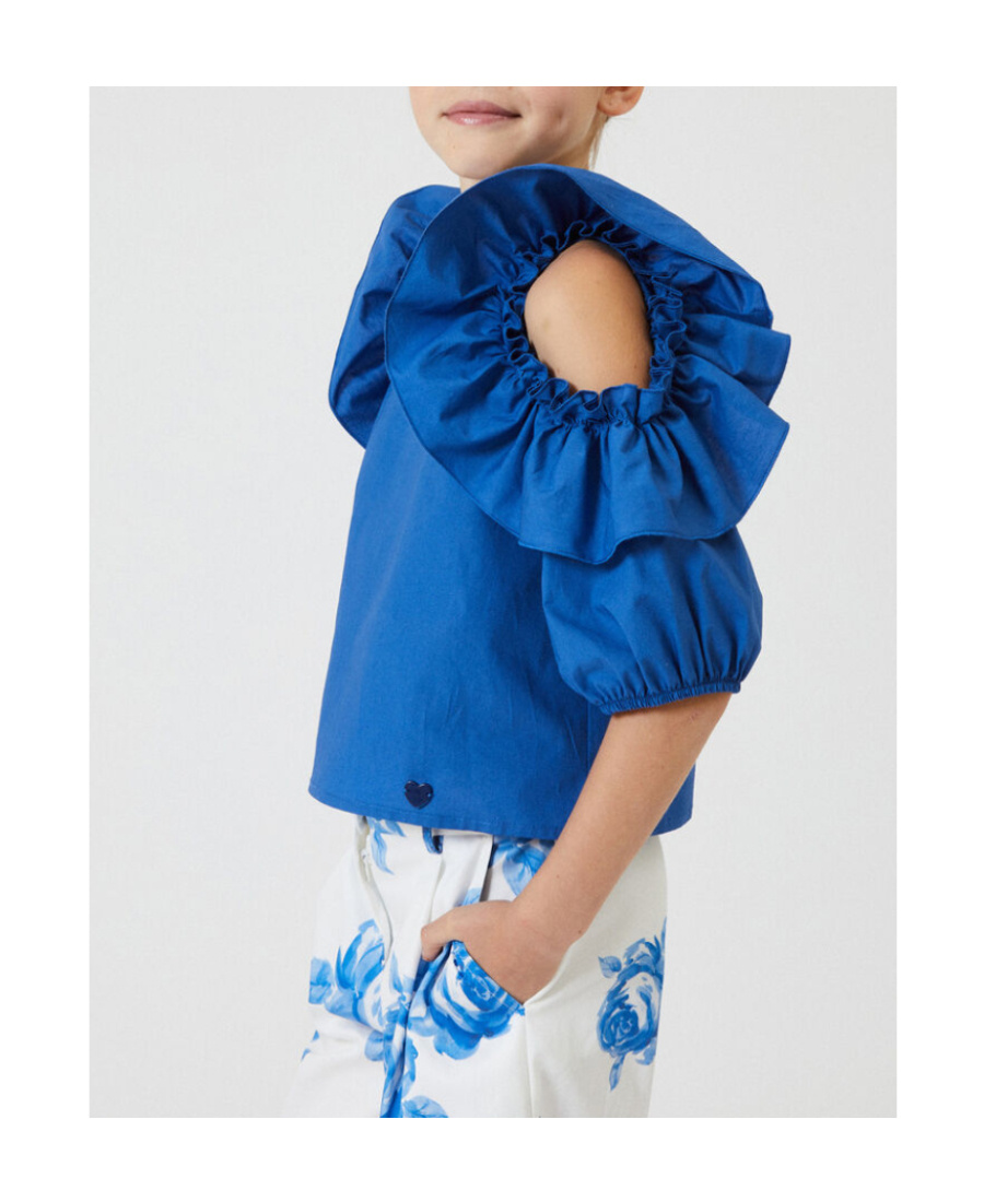Monnalisa Cotton Ruffled Cut-out Top In Blue
