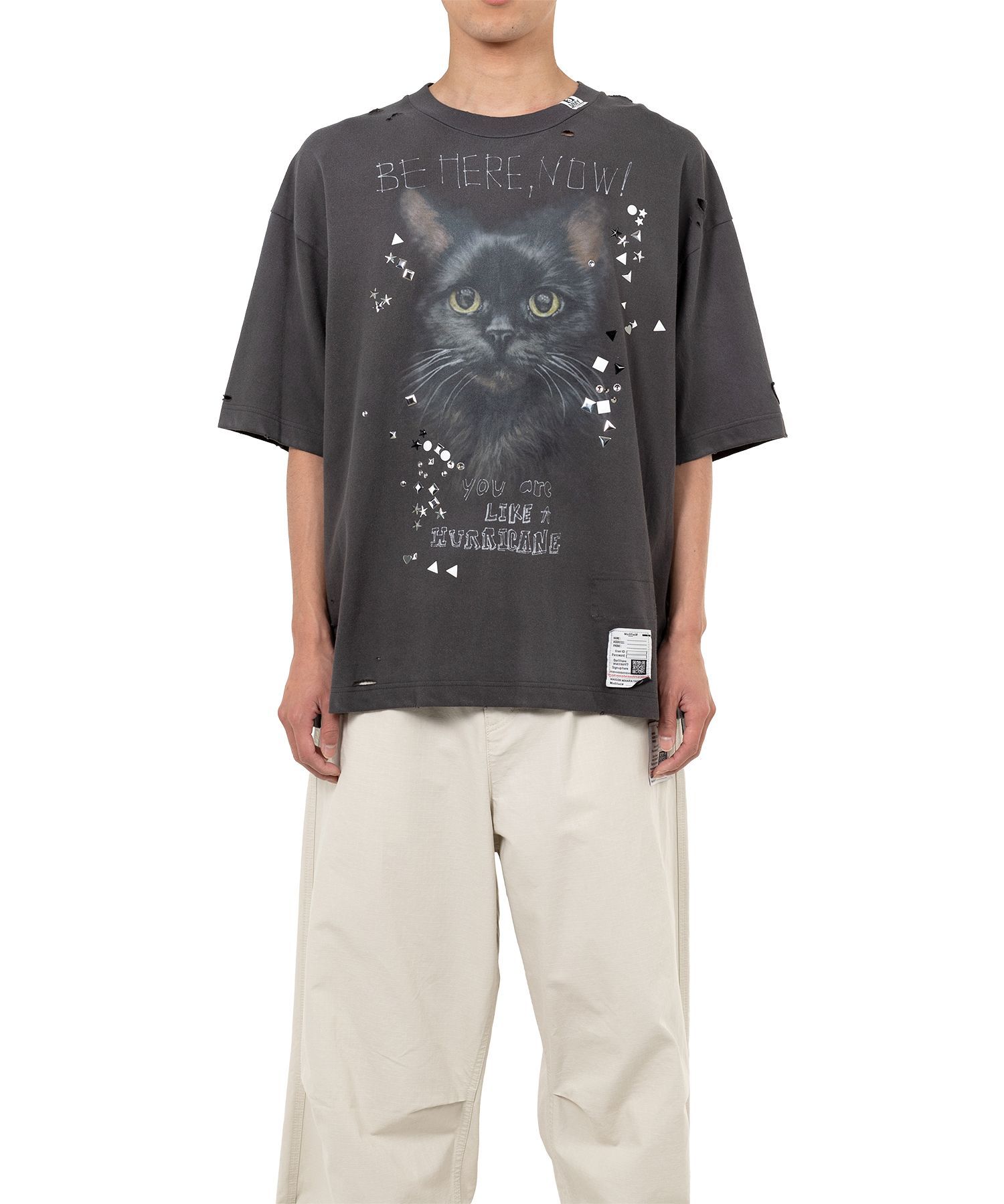 Miharayasuhiro Cat-print Distressed T-shirt In Black