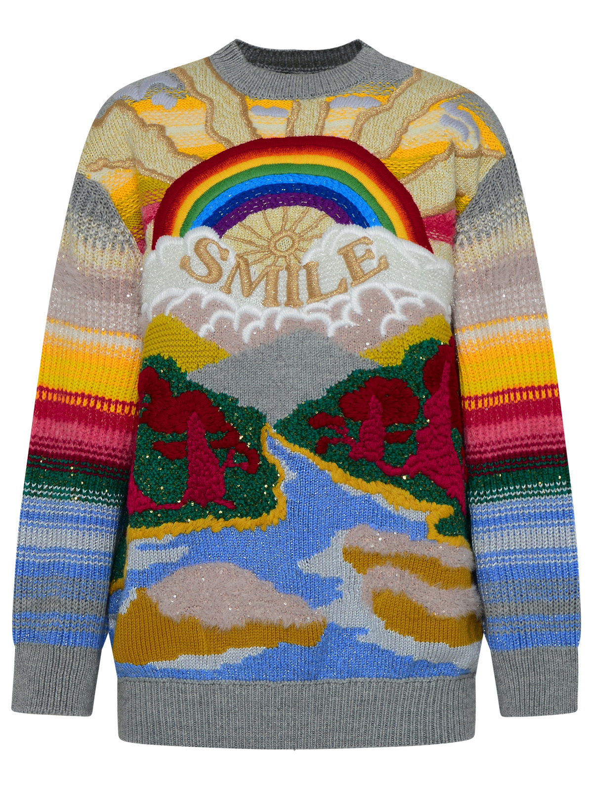 Stella Mccartney Festive Smile Embroidered Intarsia Wool-blend Sweater In Gray
