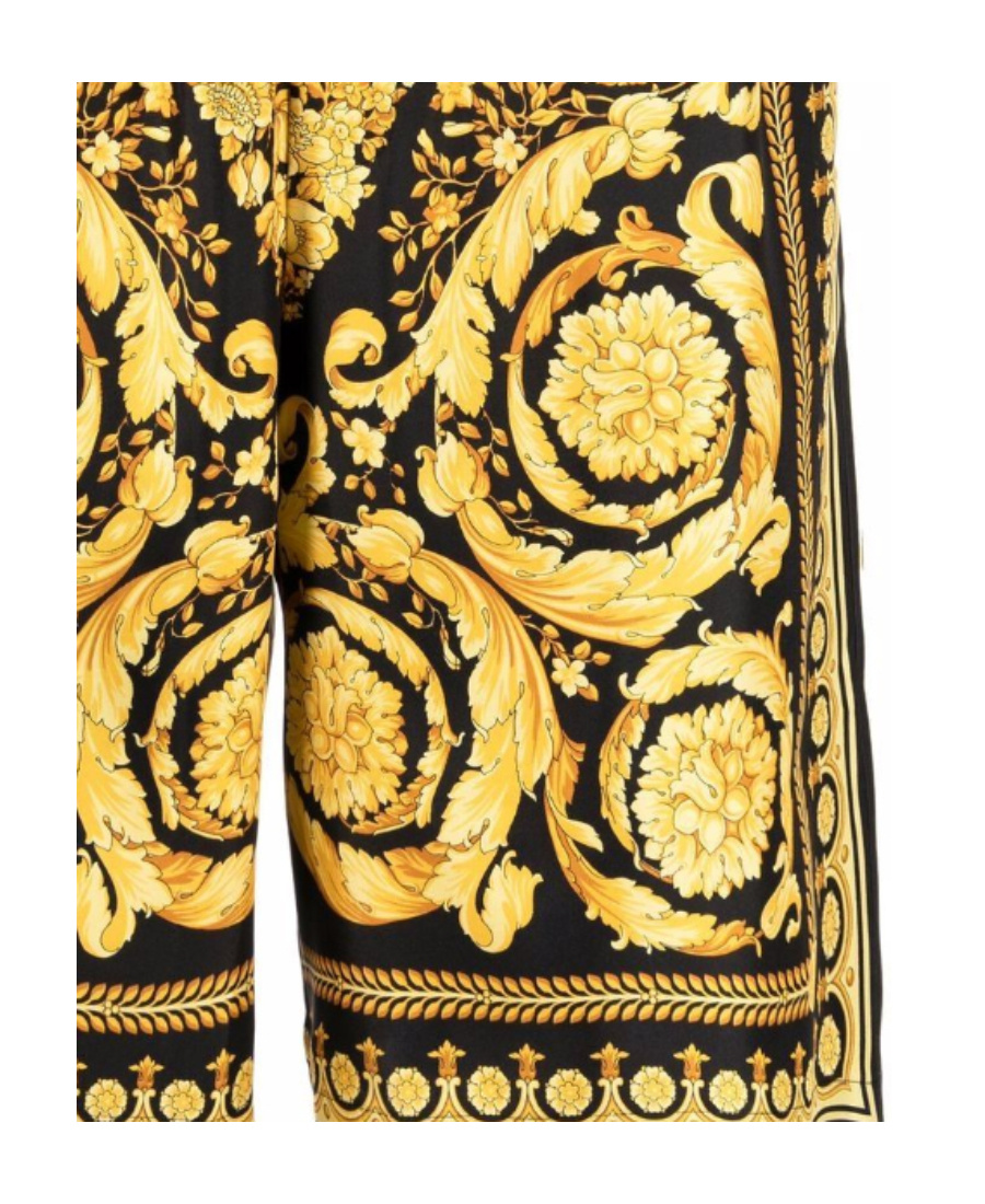 Versace Knee-length Black And Gold Silk Shorts With Barocco Print In Yellow